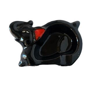 Vintage Black Elephant Ashtray Redware Handpainted Japan 4 Inch